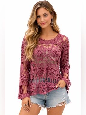 Ivy Hand-knit Floral Crochet Top Irish Lace sz M Cottagecore Grandmother Boho